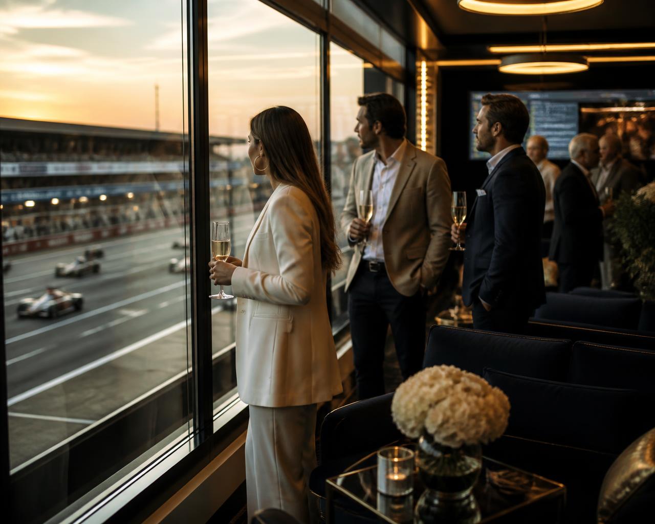 Guests in a trackside FIS hospitality suite watching the race at sunset